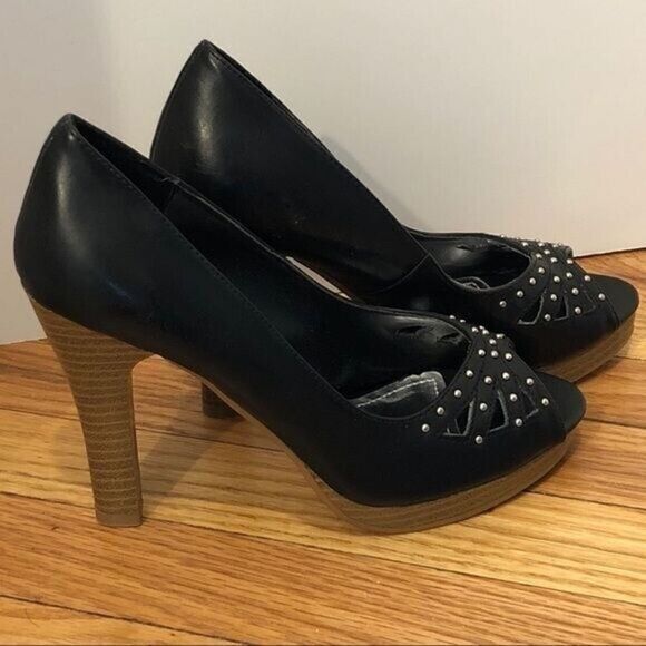 NEW black vegan leather platform peeptoe heels 5.5 Mandee cutout - Picture 5 of 12